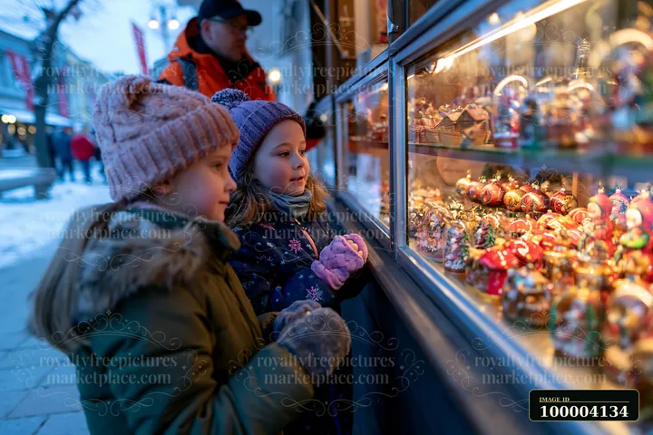 Two children look at handmade ornaments on display at a market stall during a winter evening.
