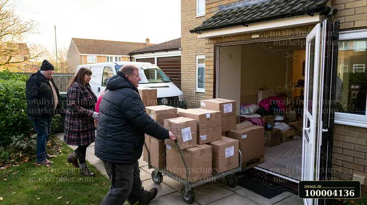 People transport boxes filled with household belongings from a home.