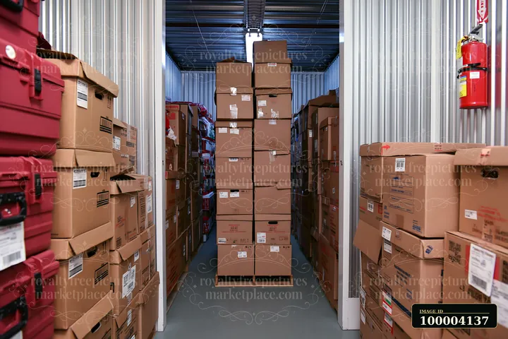 Boxes filled with various items are stacked high in a storage unit.