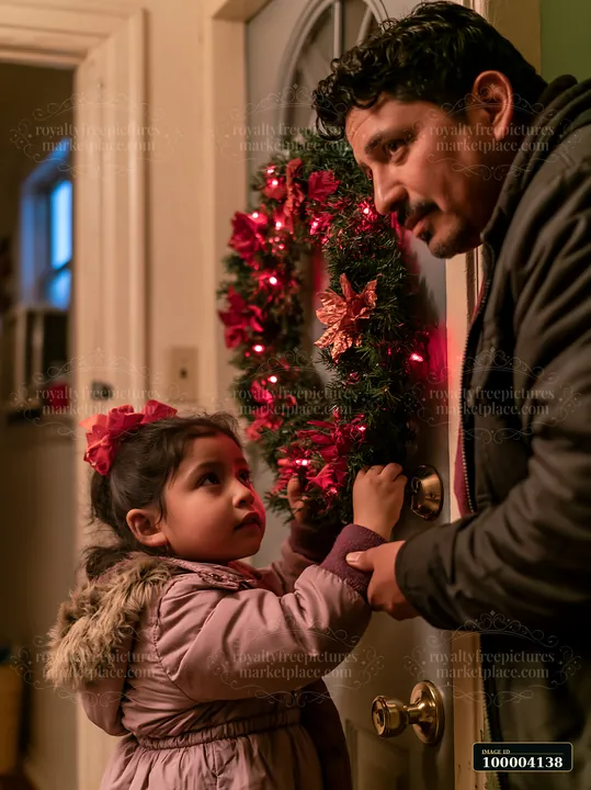 A father helps his daughter hang a Christmas wreath on their apartment door during the festive season.