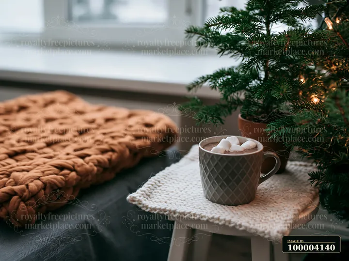 A cup of warm cocoa with marshmallows sits on a stool next to a small pine tree.