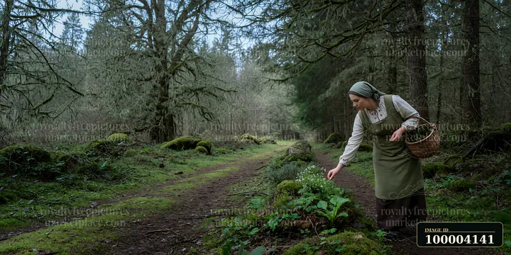 A woman in heritage attire kneels by the forest path, gathering herbs from the ground.