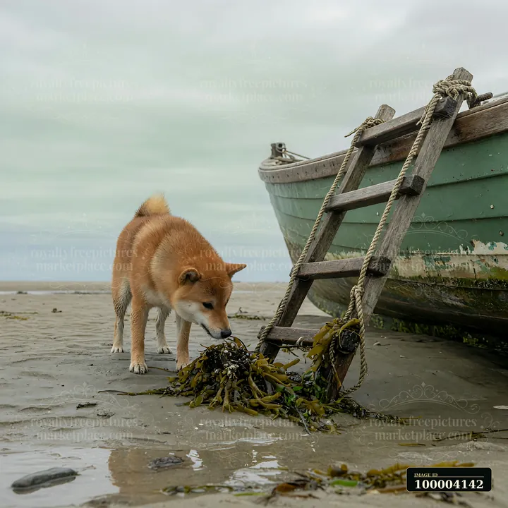 A shiba inu stands near a boat ladder at low tide, exploring the shoreline and sniffing at seaweed.