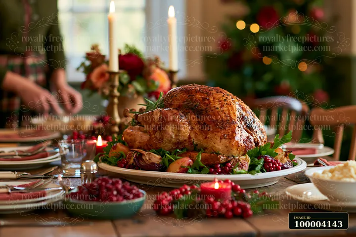 A roasted turkey sits on a festive dining table surrounded by sides and decorations.