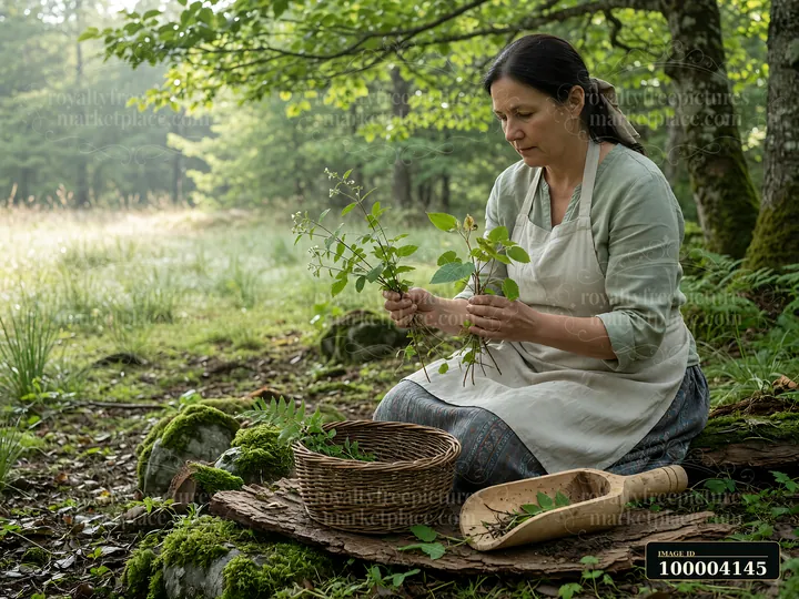 A woman in heritage attire collects herbs while sitting on a log in a forest.