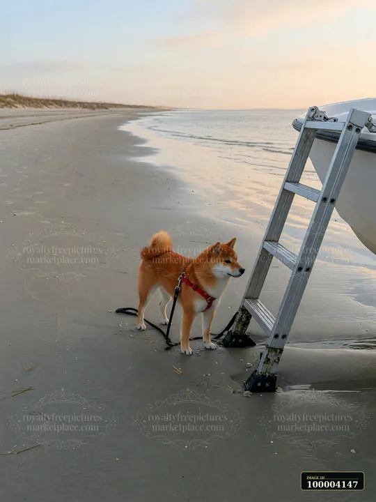 A shiba inu stands beside a boat ladder on the beach during low tide.