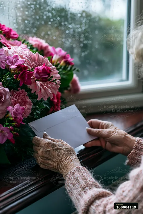 Elderly hands hold a white envelope beside pink flowers near a bright window.