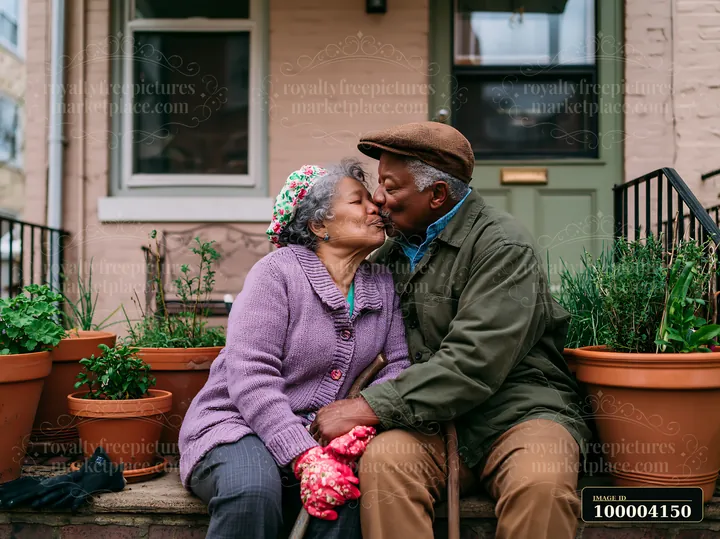 Elderly partners share a kiss while seated among potted plants outside their townhouse.
