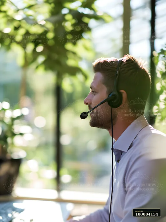 Businessman in profile wearing a headset during a customer service call in a bright office.