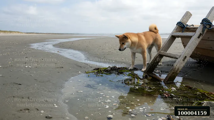 Shiba Inu exploring a wooden boat ladder beside tidal pools on a sandy beach under an overcast sky.