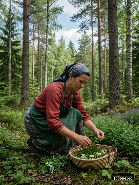 Woman in heritage attire gathers green herbs into a woven basket in a sunlit forest.