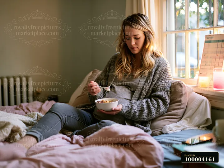 Pregnant woman eats cereal in bed beside a sunlit window.