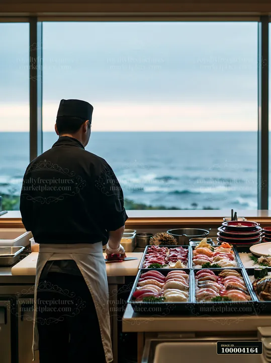 Sushi chef seen from behind preparing fish at a counter beside a large ocean-view window.