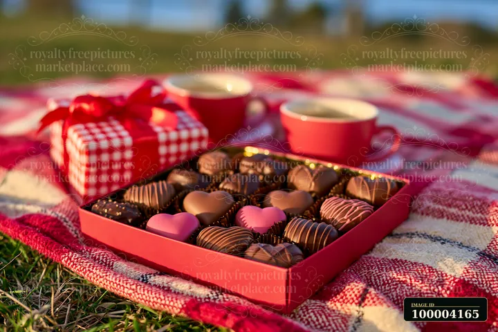 Open red gift box filled with heart-shaped and assorted chocolates on a blanket outdoors beside two red cups.