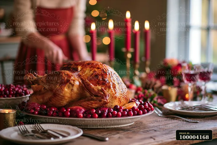 Roasted turkey rests on a festive dining table surrounded by cranberries, candles, plates, and holiday decorations.
