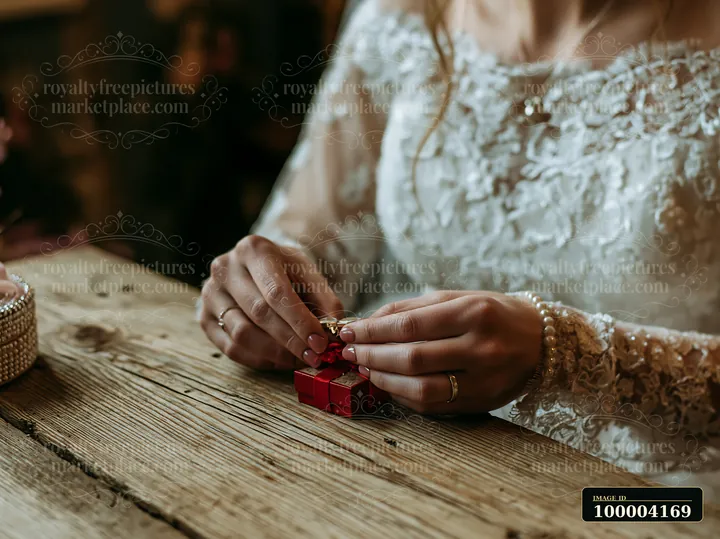 Bride in a lace wedding dress holds wedding rings above a small red gift box on a wooden table.