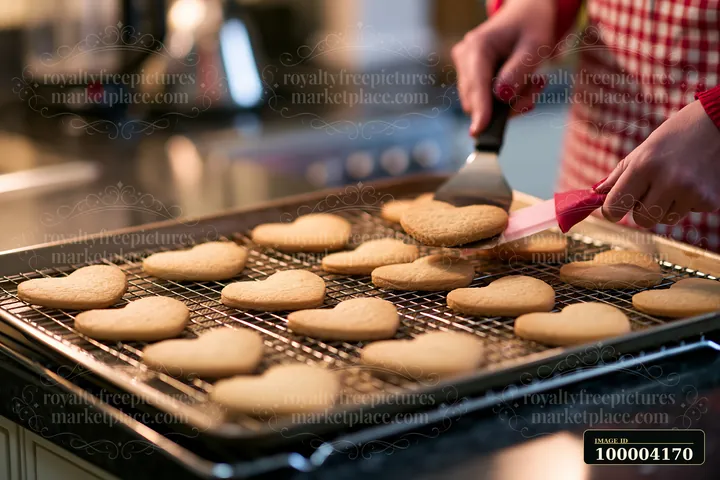 Heart-shaped cookies cool on a wire rack as a person lifts one with a spatula in a kitchen.