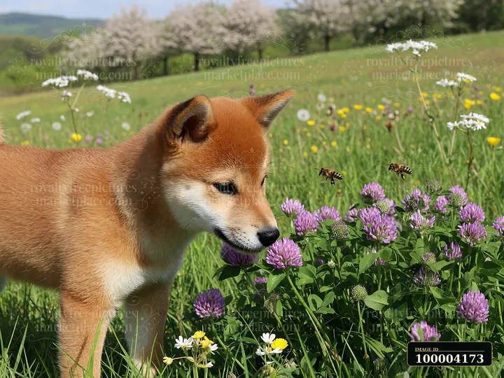 A young shiba inu sniffs colorful flowers in a bright spring meadow with green grass.