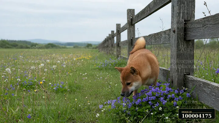 Shiba Inu sniffing violet flowers in a spring meadow beside a weathered wooden fence.