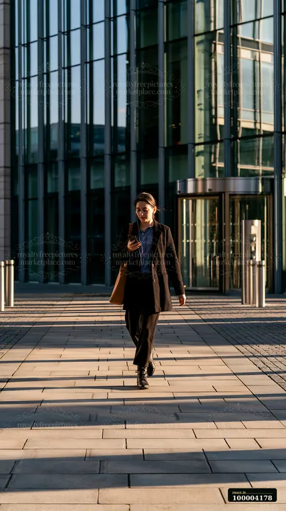 A businesswoman is walking outside an office building while using her smartphone.