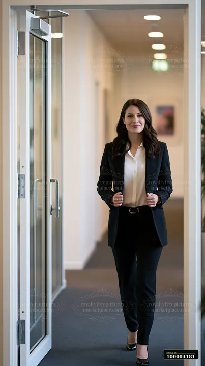 A woman wearing a black suit walks confidently through a modern office hallway.