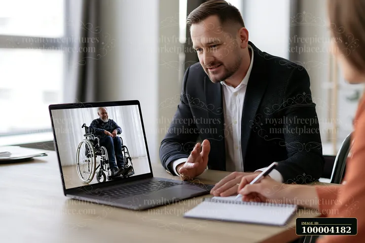 A businessman is conducting a remote interview online with a wheelchair user.