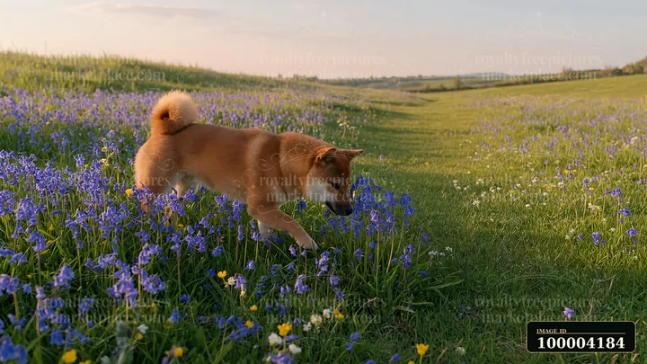 A shiba inu is sniffing surrounding flowers in a spring meadow filled with green grass and colorful blooms.