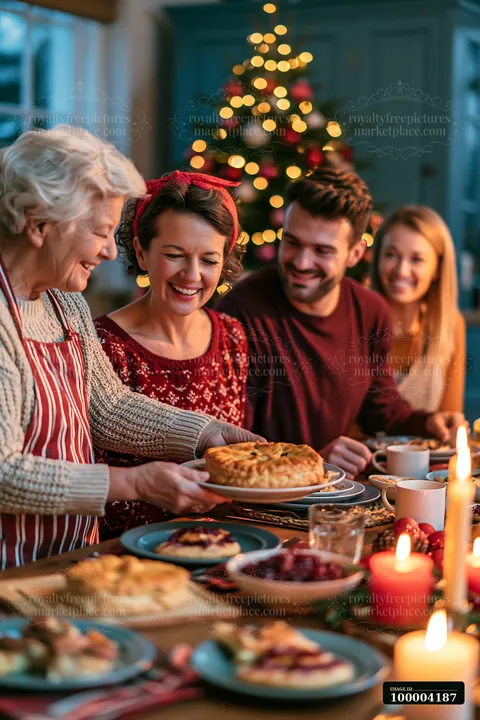 Four family members share a festive breakfast around a table beside a lit Christmas tree.