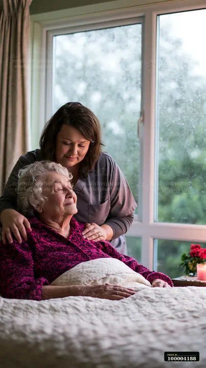 Caregiver gently comforts an elderly woman resting in bed at home beside a bright window.