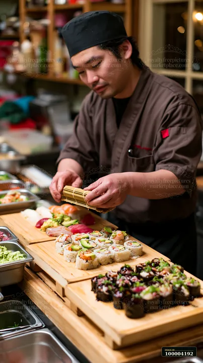 Sushi chef uses a bamboo mat beside wooden boards filled with colorful sushi rolls in a restaurant kitchen.