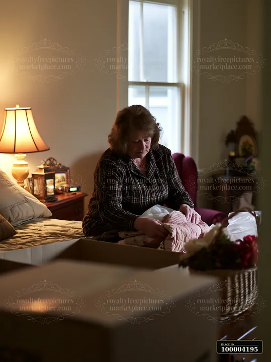 Woman carefully folds clothing into a cardboard box in a warmly lit bedroom.