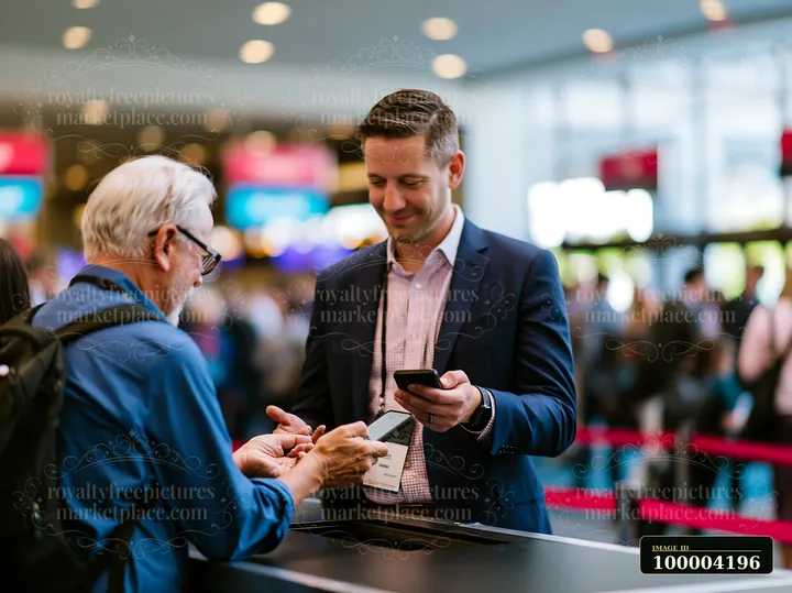 Businessman and an older man exchange contact information at a reception counter in a busy indoor venue.