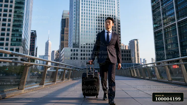 A businessman is walking through a city business district while pulling a suitcase.