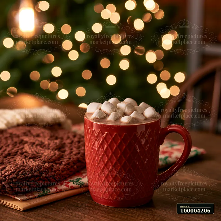 A red cup filled with warm cocoa and marshmallows sits on a wooden table.