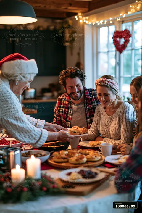Family shares a festive breakfast around a decorated dining table on Christmas morning.