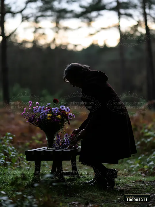 Silhouetted person places flowers on a memorial bench in a dim forest at dusk.