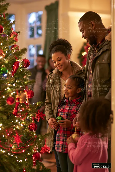 Family is decorating a Christmas tree indoors, adding ornaments and lights in a festive living room setting.