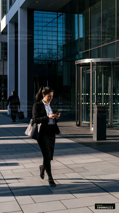 Businesswoman in a suit uses a smartphone while walking outside a modern glass office building.