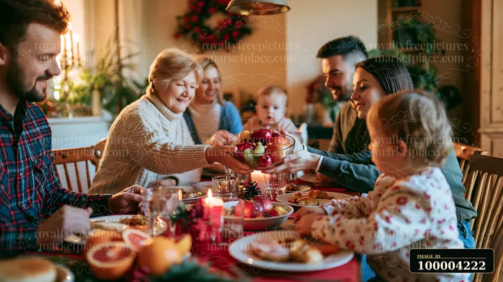 A family enjoys breakfast Christmas morning at a decorated table.