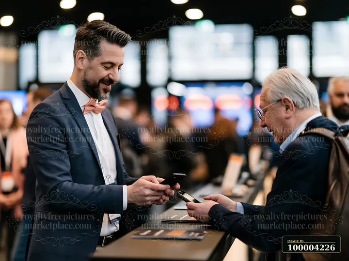Businessman and an older man exchange contact information on smartphones at a busy reception desk.