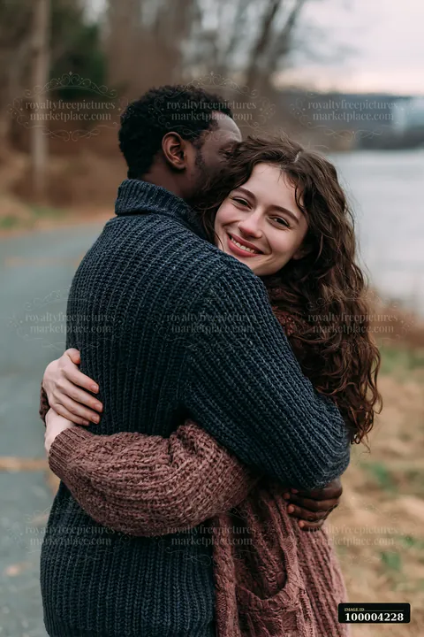 Smiling couple embraces beside a lake outdoors, with blurred trees and calm water in the background.
