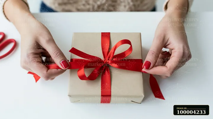 Hands are tying a red ribbon around a brown gift box on a table.