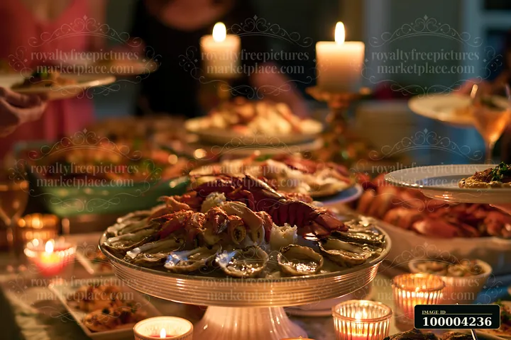 Chilled seafood buffet display with oysters, lobster, and crab surrounded by candles and plated dishes.