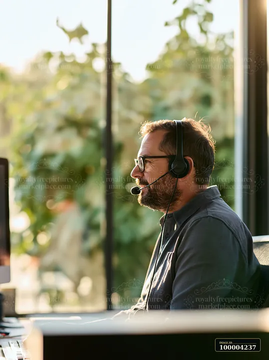 Bearded businessman wearing a headset sits at a desk during a customer service call beside a sunlit window.