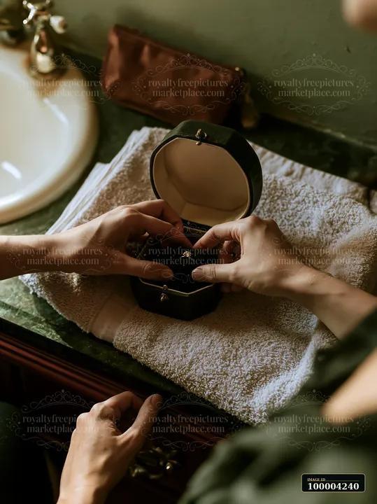 Hands place a wedding ring inside an open keepsake box resting on a folded towel.