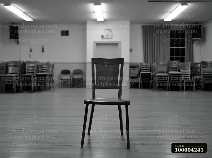 Empty black chair centered in a quiet hall with stacked chairs and a somber atmosphere.