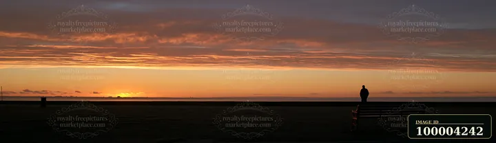 A person stands in silhouette beside a memorial bench as the sun sets over the horizon.