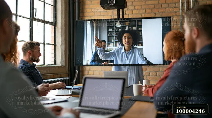 A businesswoman is leading a hybrid meeting in a modern office setting.