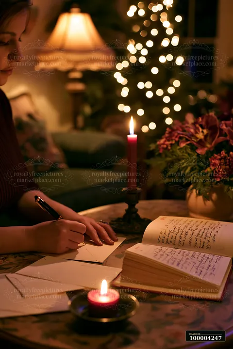 A person is writing a gift list at a desk with a candle and festive decorations.