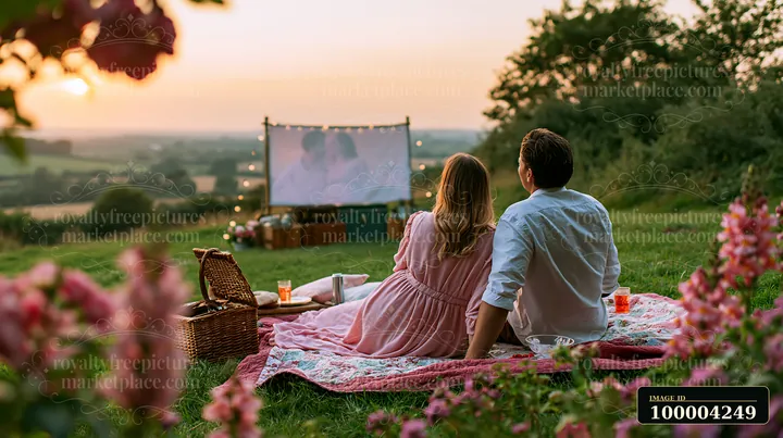 Couple watches an outdoor movie on a picnic blanket at sunset in a flowering countryside garden.